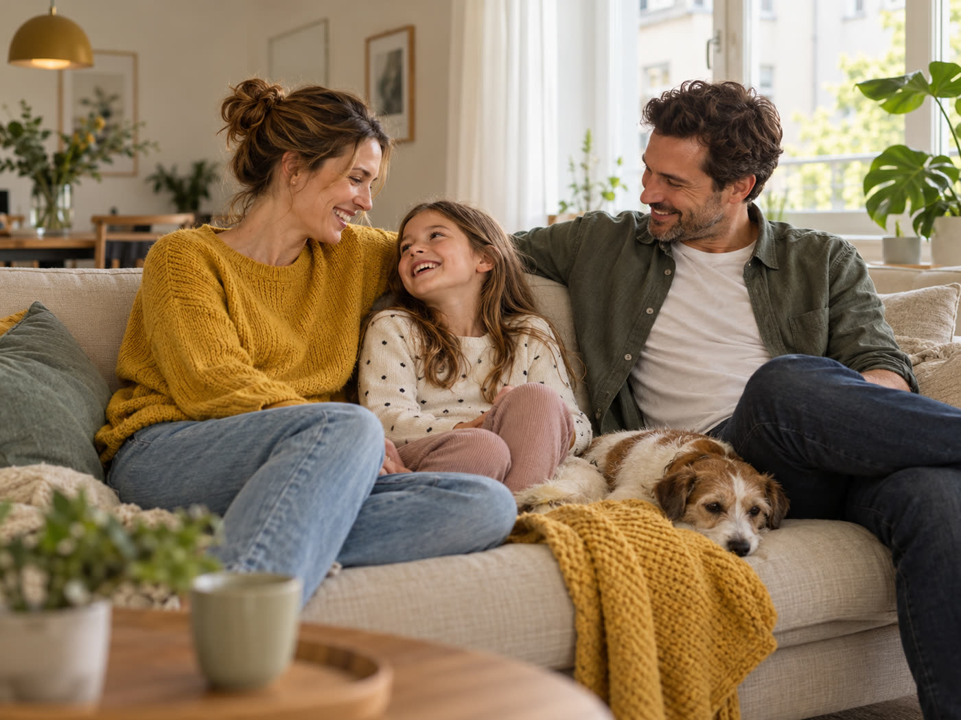 Familie mit Hund entspannt auf dem Sofa im hellen Wohnzimmer